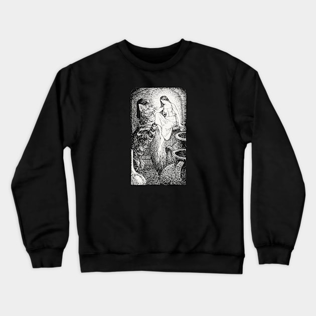 Pre-raphaelite girl and cat Crewneck Sweatshirt by Blacklinesw9